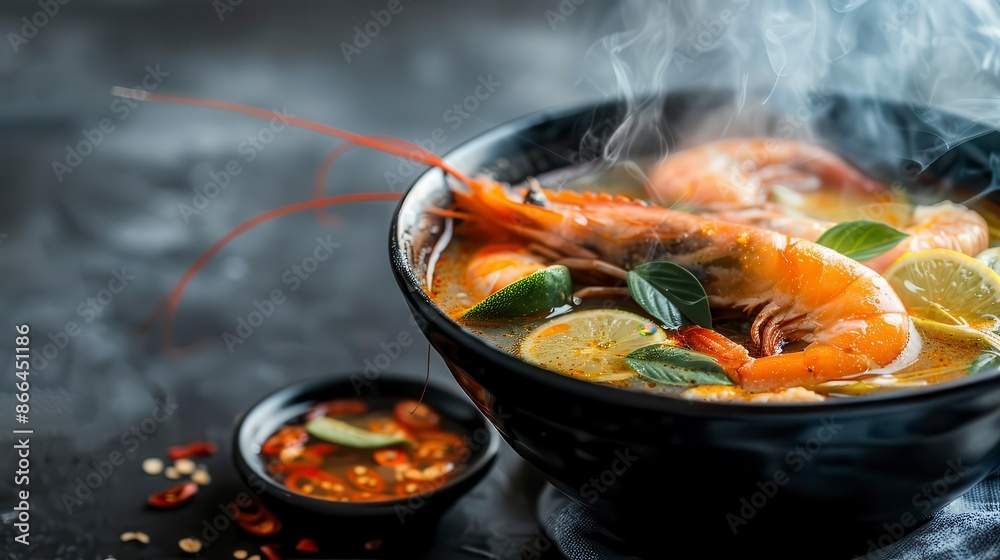 A bowl of Tom Yum soup with shrimp, mushrooms, and vegetables. A bowl of Tom Yum soup with shrimp, mushrooms, and vegetables.