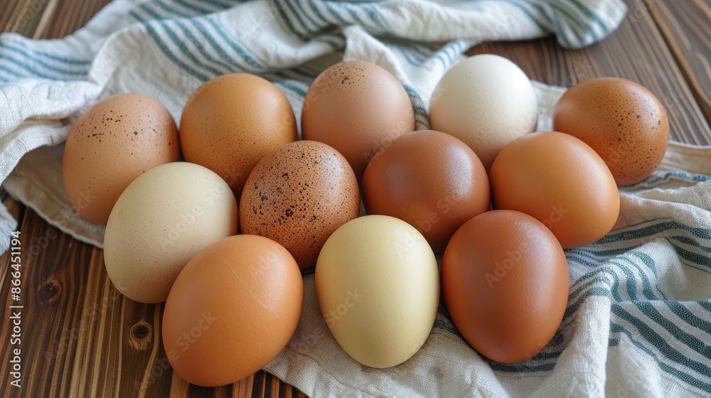 Variety of brown and beige chicken eggs displayed on a wooden surface with a white kitchen towel in the background creating an Easter themed top down view Variety of brown and beige chicken eggs displayed on a wooden surface with a white kitchen towel in the background creating an Easter themed top down view