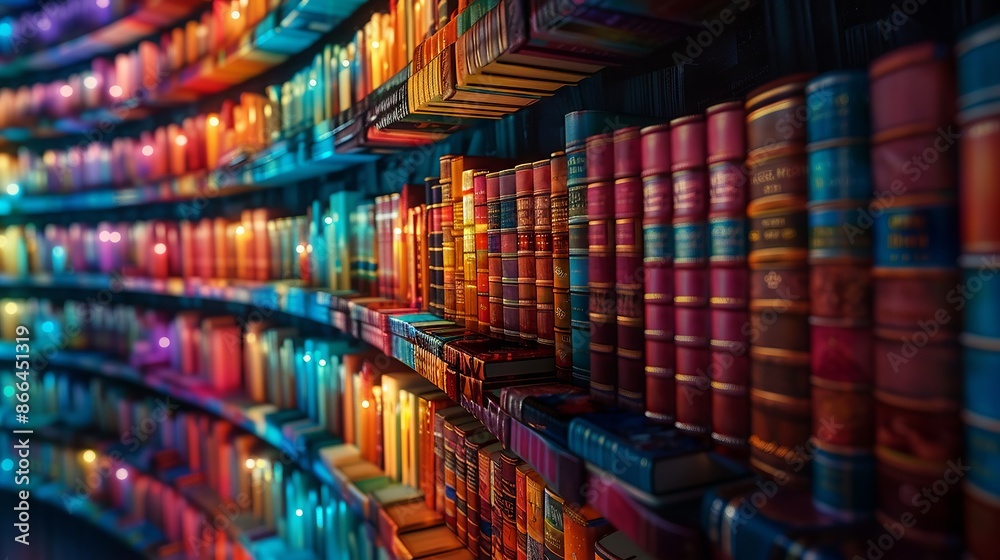 Curved Bookshelves with Colorful Lights in a Cozy Library