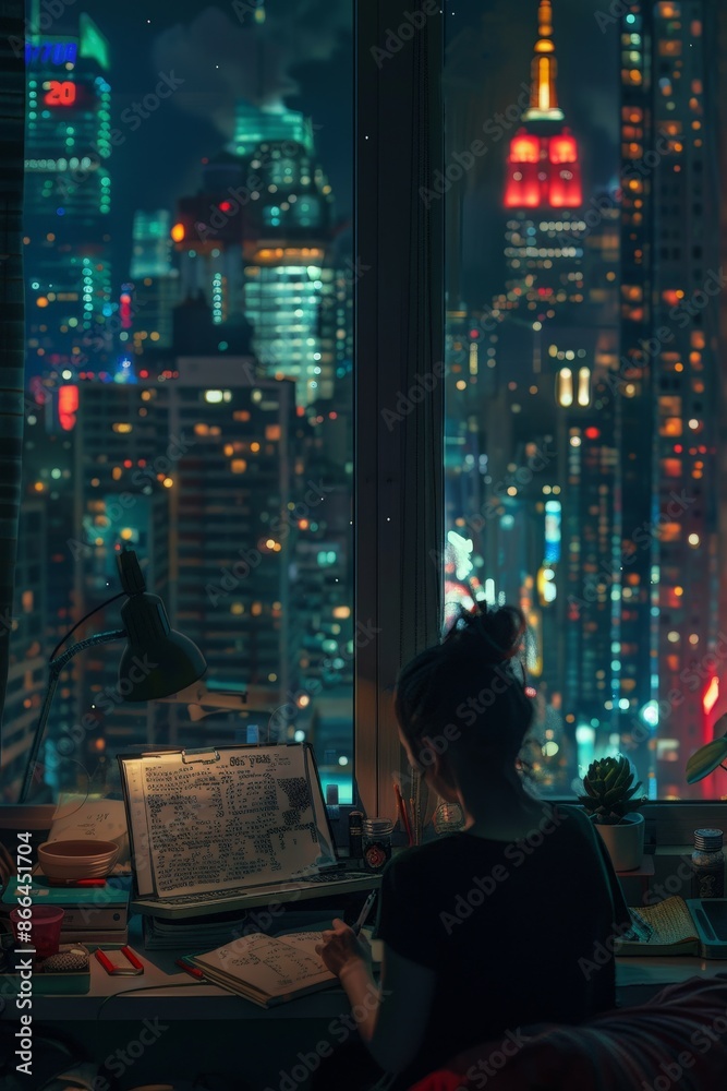 A girl enjoying a peaceful night in her NYC apartment, sketching with the vibrant night life outside. A girl enjoying a peaceful night in her NYC apartment, sketching with the vibrant night life outside.
