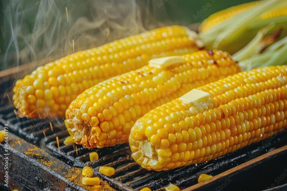 Three delicious cobs of grilled corn on the cob with melted butter, steaming hot and ready to eat, showcasing summer barbecue perfection. Three delicious cobs of grilled corn on the cob with melted butter, steaming hot and ready to eat, showcasing summer barbecue perfection.