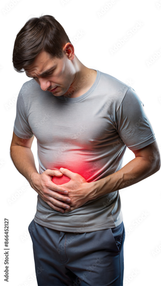 Person holding stomach in pain, showing discomfort and possibly experiencing severe pain on a transparent background Person holding stomach in pain, showing discomfort and possibly experiencing severe pain on a transparent background