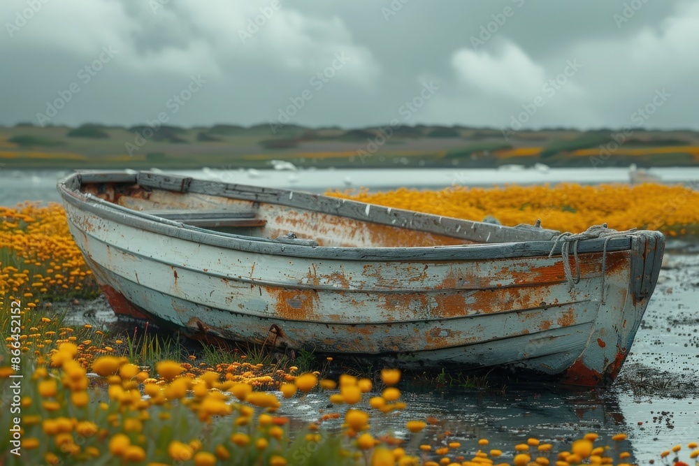 A weathered boat rests on a lake's shore, surrounded by vivid yellow flowers on a cloudy day, creating a contrast between the vessel's decay and nature's beauty. A weathered boat rests on a lake's shore, surrounded by vivid yellow flowers on a cloudy day, creating a contrast between the vessel's decay and nature's beauty.
