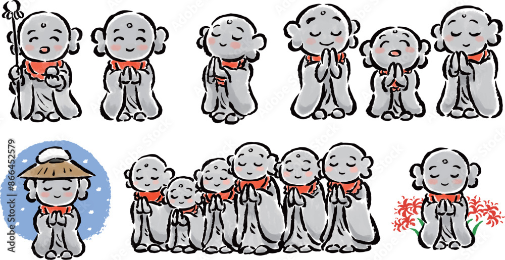 Naklejka premium お地蔵さん 筆タッチ手描きイラストセット