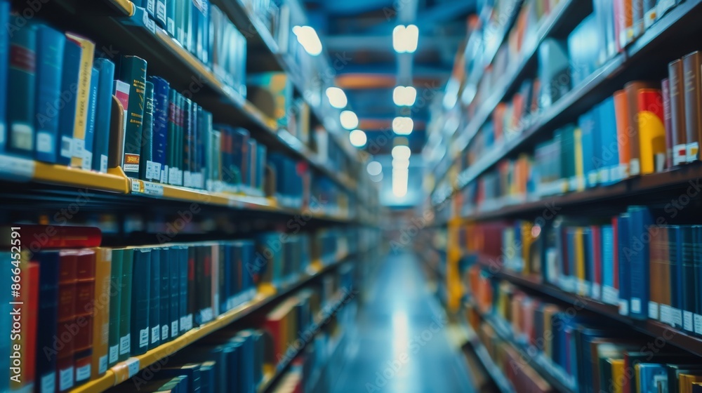 Long aisle of bookshelves in a modern library filled with books. Concept of research, knowledge, learning, and education.