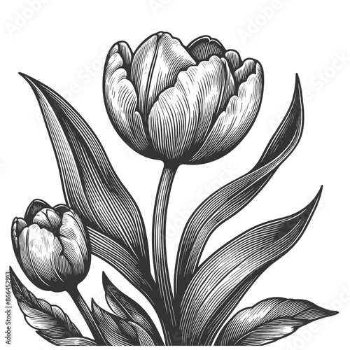 tulip flower with detailed petals and leaves, capturing its simple yet elegant form sketch engraving generative ai vector illustration. Scratch board imitation. Black and white image.