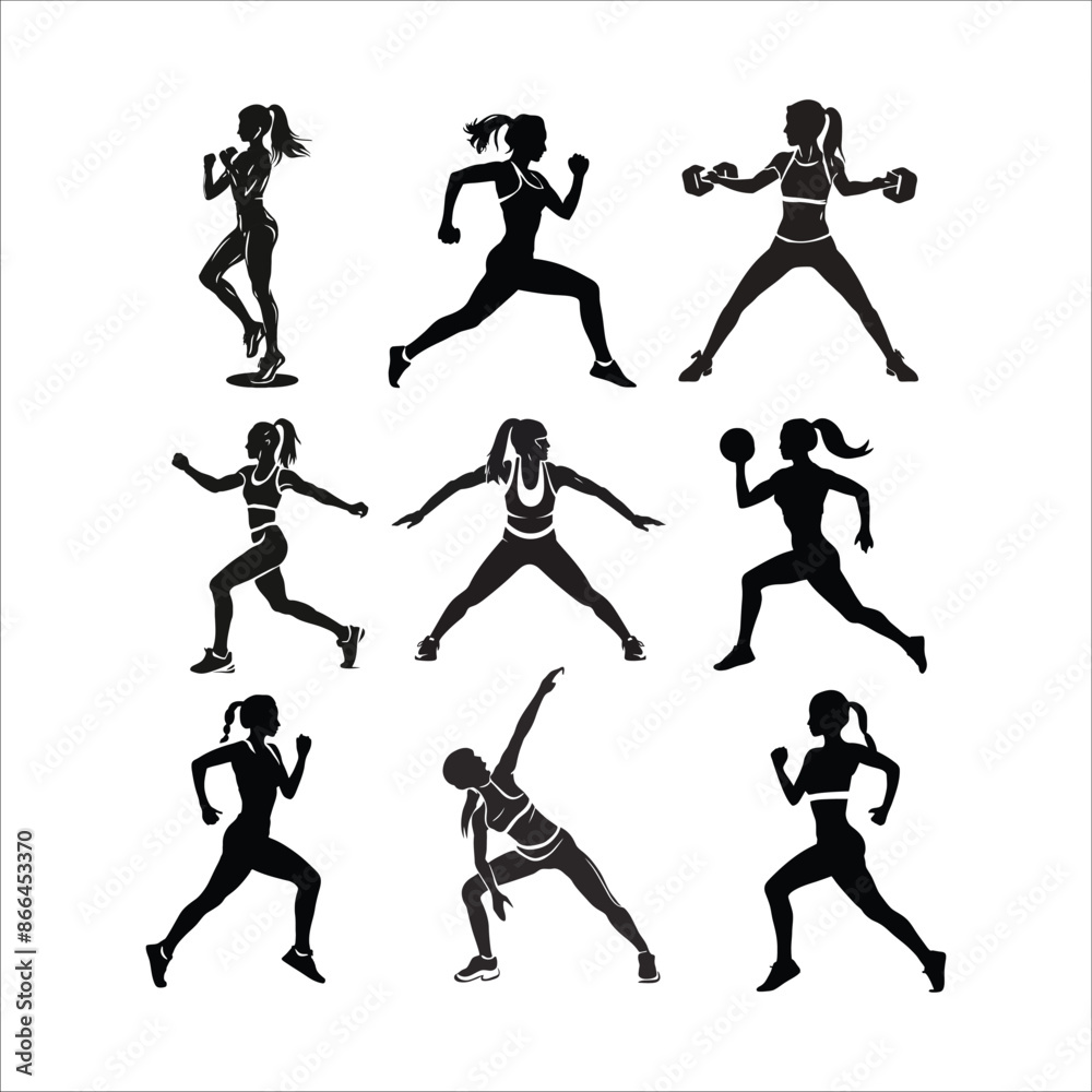 Fototapeta premium Female fitness, sports and gym isolated silhouette vector template