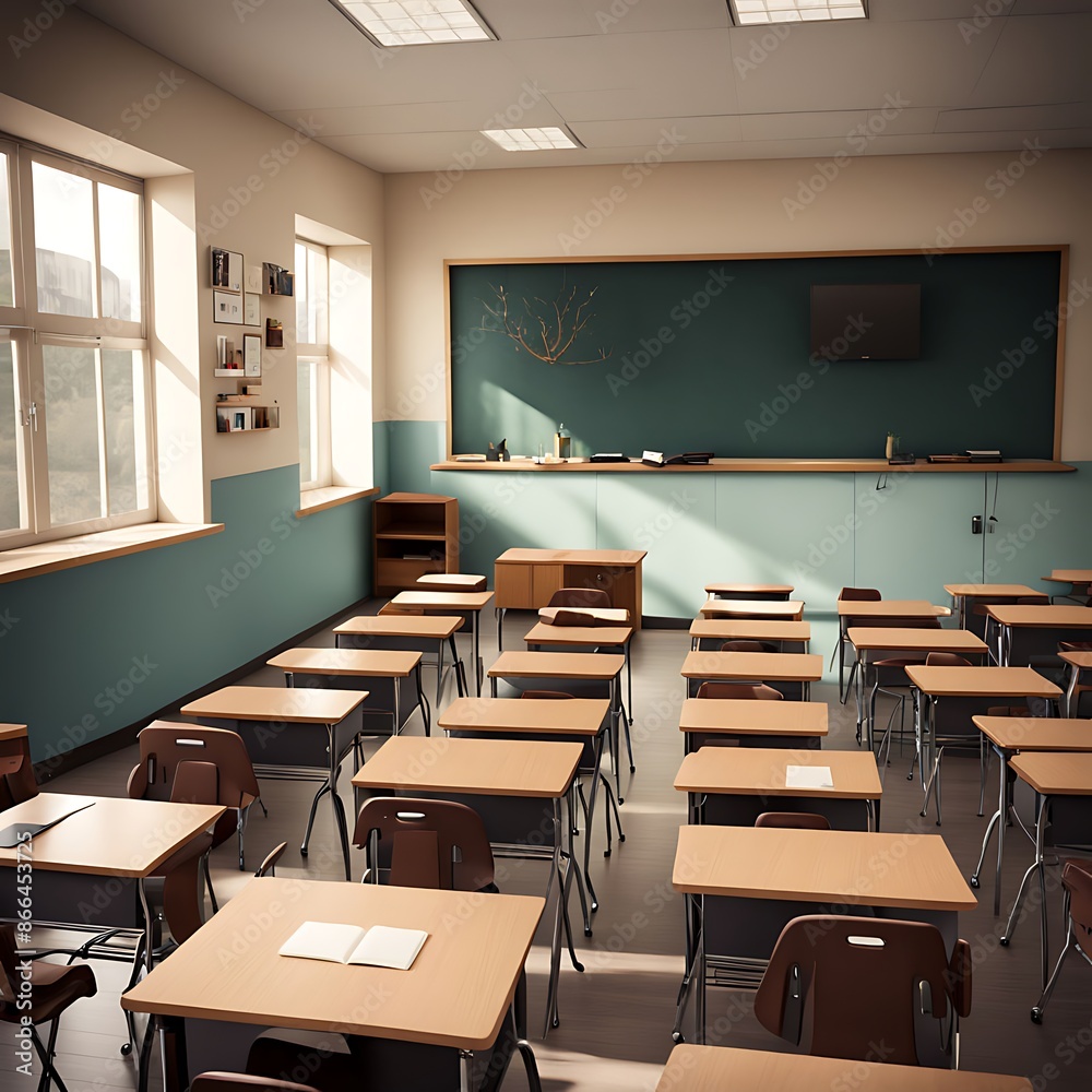 Empty classroom with desks, chairs, blackboard, and windows. Concept of learning, education, back to school, empty classroom, education. Empty classroom with desks, chairs, blackboard, and windows. Concept of learning, education, back to school, empty classroom, education.