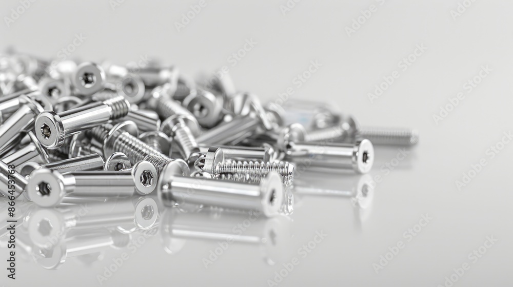 Shiny Metal Screws Scattered On A White Surface Shiny Metal Screws Scattered On A White Surface