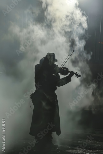 A musician with a steam-powered violin plays haunting melodies in a foggy, industrial square.