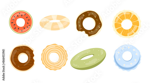 Set of funny swimming ring. Donuts,  orange, watermelon. Inflatable summer toys. Vector illustration isolated on white background.