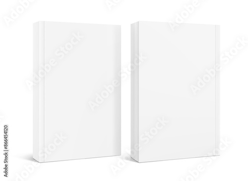 Blank softcover book mockups. Vector illustration isolated on white background. It can be used for promo, catalogs, brochures, magazines, etc. Ready for your design. EPS10.