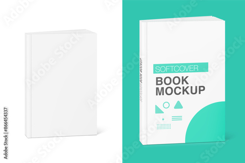 Blank softcover book mockups. Vector illustration isolated on white background. It can be used for promo, catalogs, brochures, magazines, etc. Ready for your design. EPS10.
