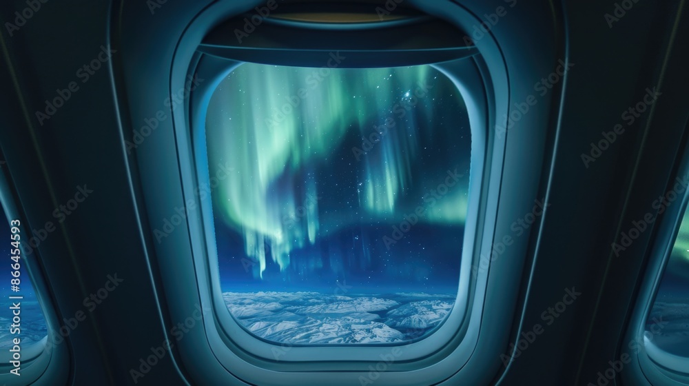 The window of an airplane a frame for the shimmering auroras in the night sky.