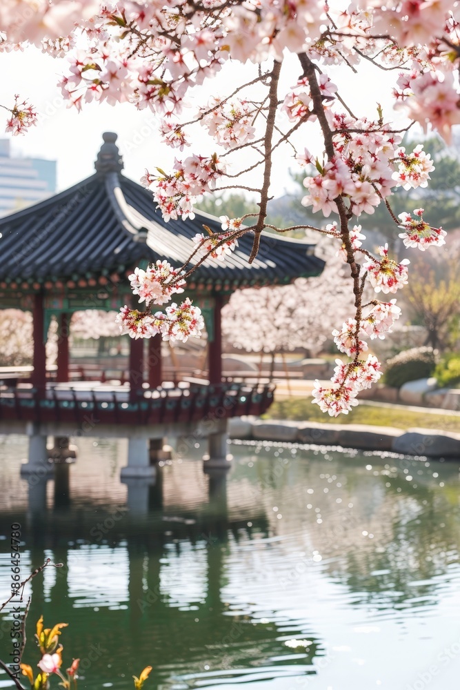 A serene hanok by a tranquil pond, cherry blossoms in full bloom and sunlight streaming through the trees, capturing the essence of spring A serene hanok by a tranquil pond, cherry blossoms in full bloom and sunlight streaming through the trees, capturing the essence of spring