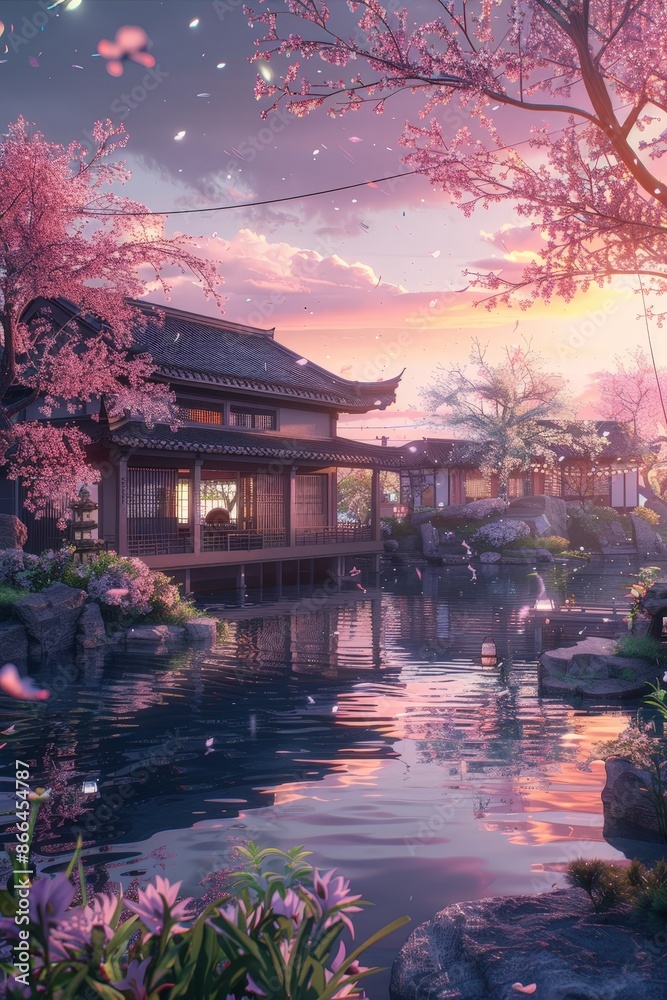 Obraz premium A serene anime landscape of a hanok beside a pond, with flowering trees and warm spring light creating a magical atmosphere.