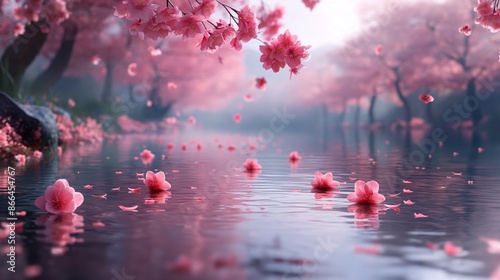 Cherry Blossom Petals Falling onto a Reflective Pond in a Serene Spring Landscape