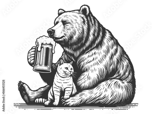 bear holding a beer mug, sitting next to a cat, creating a humorous scene sketch engraving generative ai fictional character vector illustration. Scratch board imitation. Black and white image.