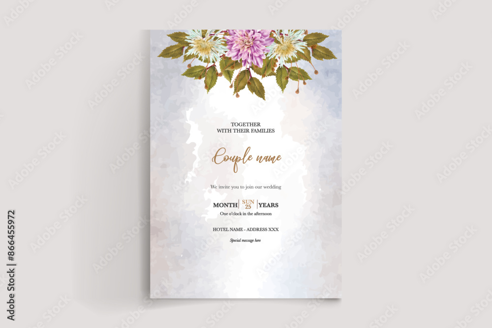 WEDDING INVITATION FRAME WITH FLOWER DECORATIONS AND FRESH LEAVES 