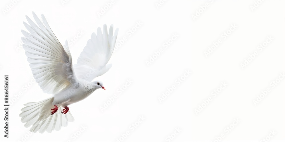 Obraz premium A white dove in mid-flight against a white background with copy space. International day of peace concept.