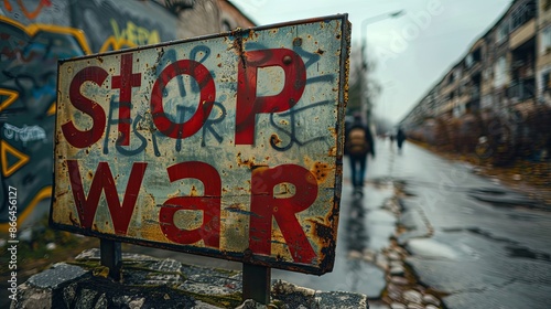 A rusty sign with "Stop War" written on it. International day of peace concept.