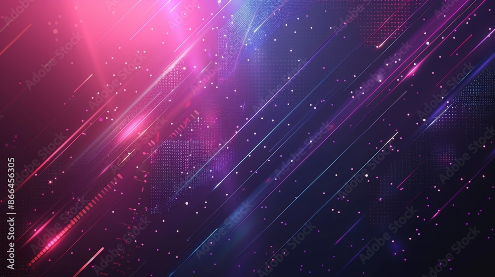 Fototapeta premium Abstract digital art background with pink and blue neon glowing lines and white dots. Futuristic cyberpunk aesthetic. Perfect for website, social media, and design projects.