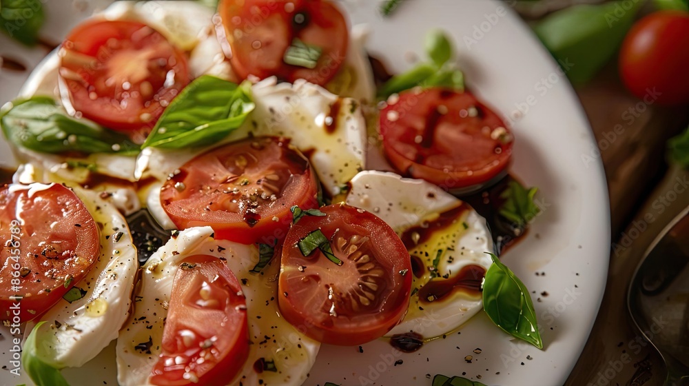 Fresh Caprese salad with ripe tomatoes, mozzarella cheese, basil, and balsamic glaze, served on a white plate. Perfect for a healthy meal.