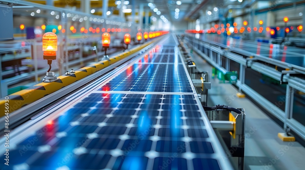 Automated Solar Panel Manufacturing on Conveyor Belt in High Tech Factory Automated Solar Panel Manufacturing on Conveyor Belt in High Tech Factory