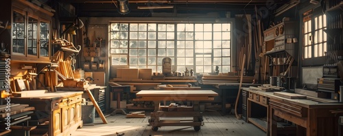 Cozy Woodworking Workshop with Saws and Planers for Crafting Furniture © Thares2020