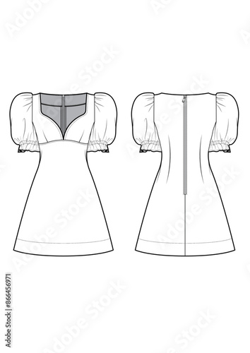 puff volume short sleeve sweetheart neckline fit and flare dress  technical drawing / flat sketch /CAD / ADOBE Illustrator vector digital download	