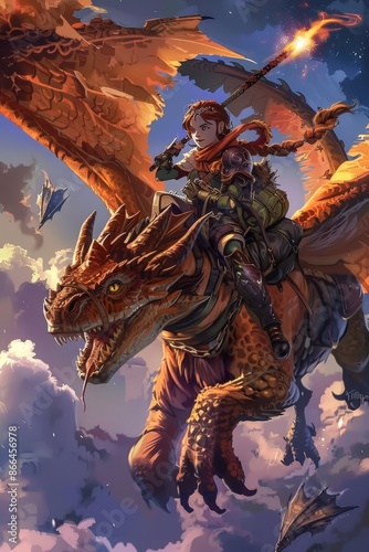 A young dragon rider with a loyal dragon companion navigates the skies in search of lost treasures.
