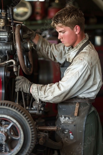 Wallpaper Mural A young mechanic with a belt of tools and a grease-stained apron fixes a steam-powered vehicle. Torontodigital.ca