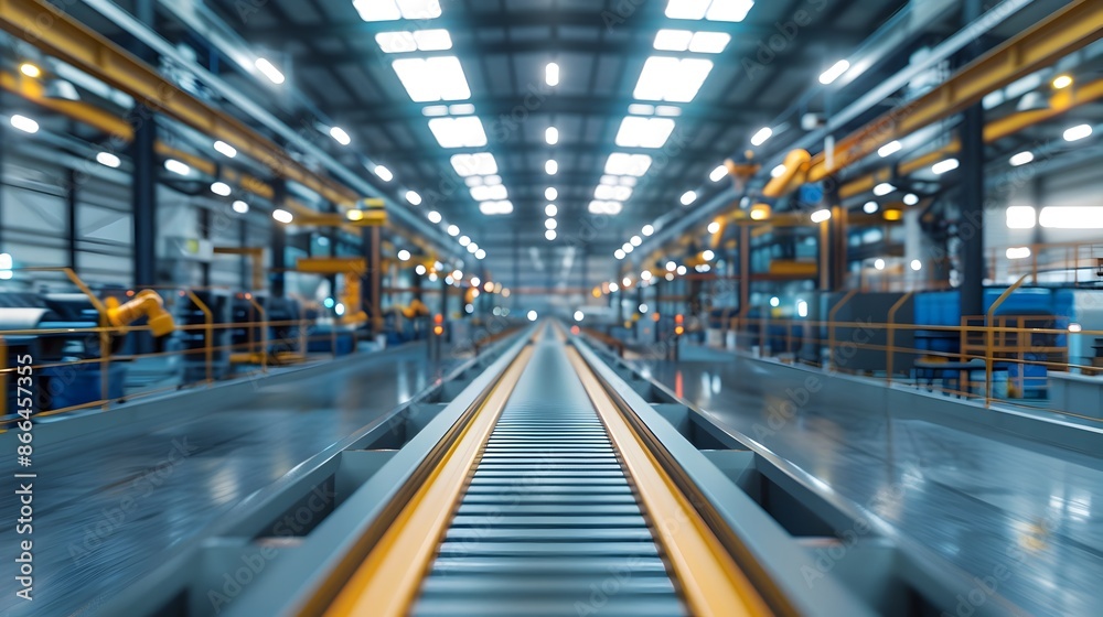 Modern Automated Factory Interior with Robotic Arms on Assembly Lines Modern Automated Factory Interior with Robotic Arms on Assembly Lines