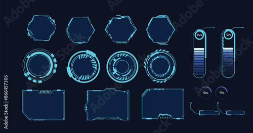 Frames HUD futuristic style. Abstract geometric patterns. Futuristic technology icons, digital technology on a dark blue background.
