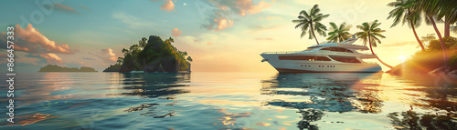 Family enjoying a sunrise cruise near a tropical island, everyone happy and relaxed, travel bliss, high-resolution, clear skies, high-definition scene photo