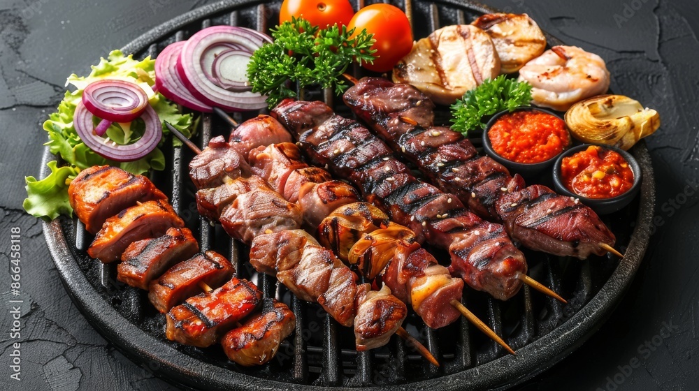 Grilled meat skewers with beef, chicken, and pork. Assortment of food for BBQ and grilling with onions, peppers, and mushrooms. Grilled meat skewers with beef, chicken, and pork. Assortment of food for BBQ and grilling with onions, peppers, and mushrooms.
