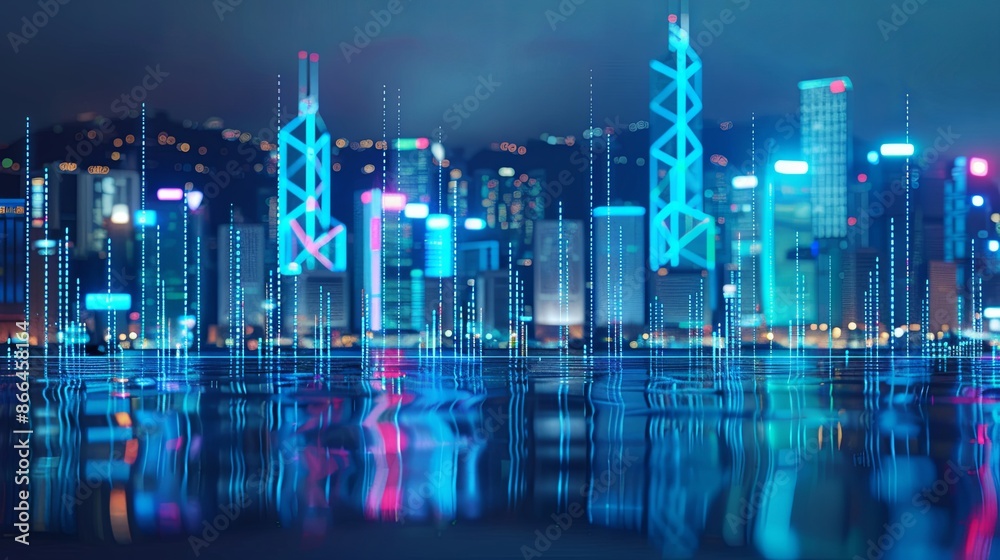 Stock market chart, Stock market data in blue on LED display concept with city scape hong kong blur background Stock market chart, Stock market data in blue on LED display concept with city scape hong kong blur background