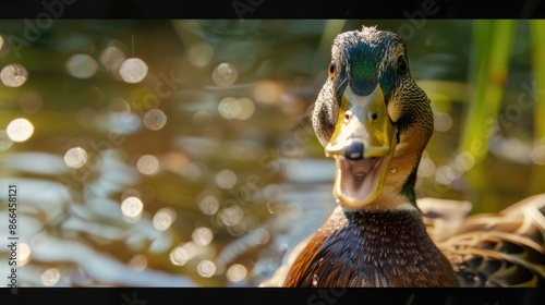 Duck delight: A duck with a beaming smile, feathers ruffled and eyes twinkling, enjoying a bright day by the pond photo