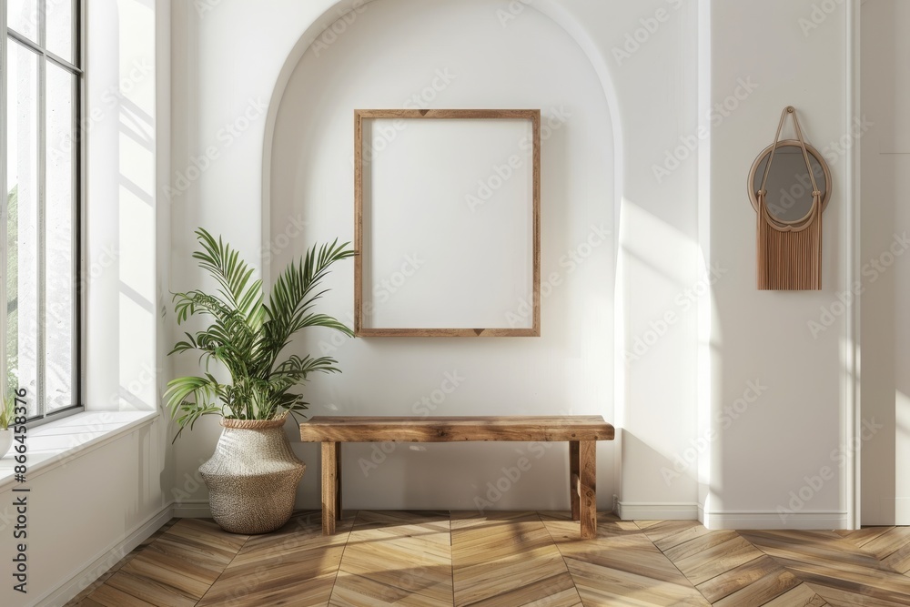 Frame mockup at home, farmhouse hallway interior background, 3d render Frame mockup at home, farmhouse hallway interior background, 3d render