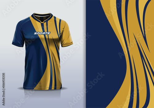 Sport jersey template mockup curve design for football soccer, racing, running, e sports, gold navy blue white color