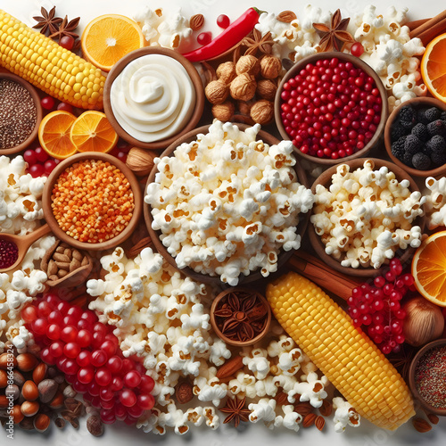 rich assortment popcorn isolated white background