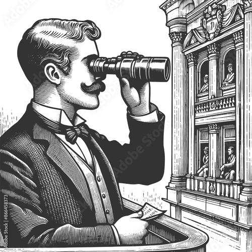 Victorian-era gentleman using a telescope to observe a grand building with people in windows sketch engraving generative ai vector illustration. Scratch board imitation. Black and white image.