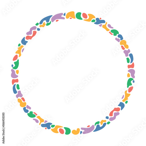 A round frame consisting of multi-colored blots and spots. Vector template without text. Artistic border design. Children's theme Texture frame. 