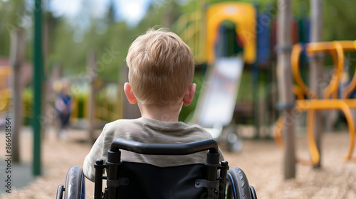 A child with a mobility aid watching other children play on inaccessible playground equipment  photo