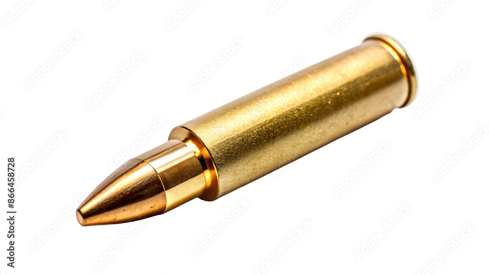 Isolated riffle bullet with a shiny brass casing on white background Isolated riffle bullet with a shiny brass casing on white background