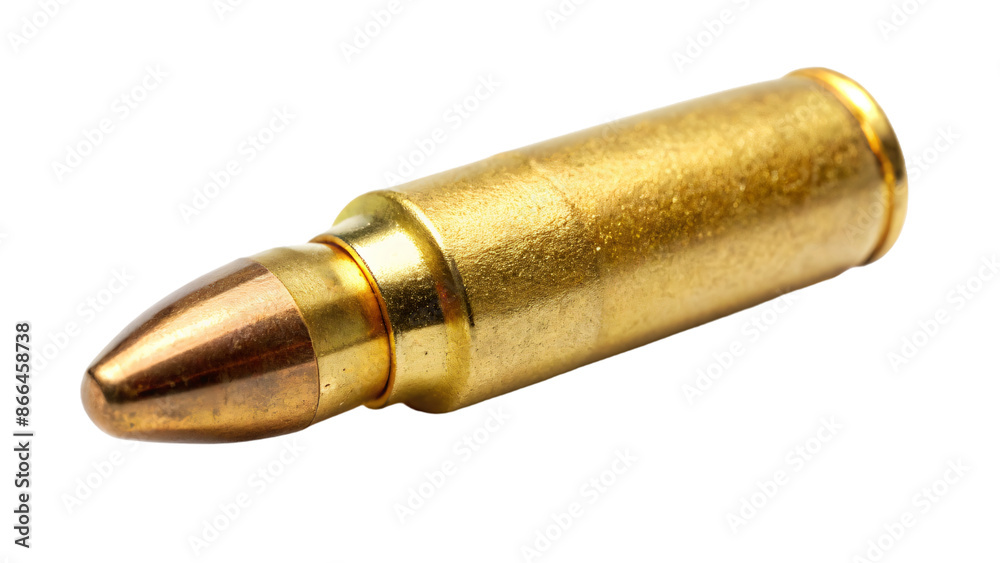 Isolated riffle bullet with a shiny brass casing on white background Isolated riffle bullet with a shiny brass casing on white background