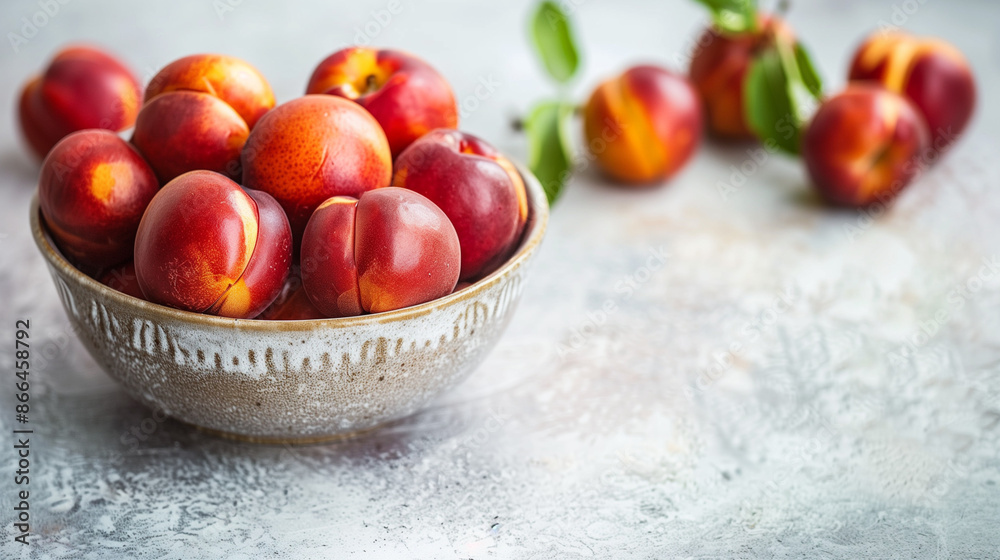 Sweet nectarines in a bowl on a light background close-up. Healthy organic farm fruit concept. Sweet nectarines in a bowl on a light background close-up. Healthy organic farm fruit concept.