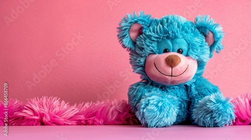 A cute blue teddy bear sits on a solid pink background. The bear has a friendly smile and is looking at the camera. The image is well-lit and has a soft, dreamy feel to it © Dipsky