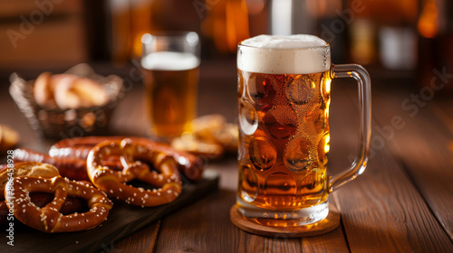 A close-up of a large beer stein overflowing with frothy beer, set on a wooden table with pretzels and sausages 