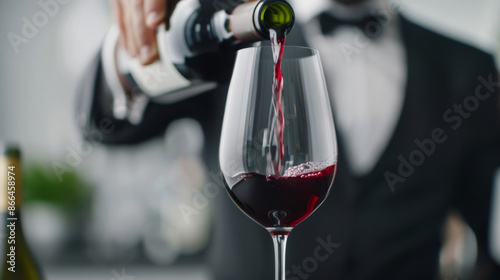 A close-up of a sommelier pouring red wine into a crystal glass 